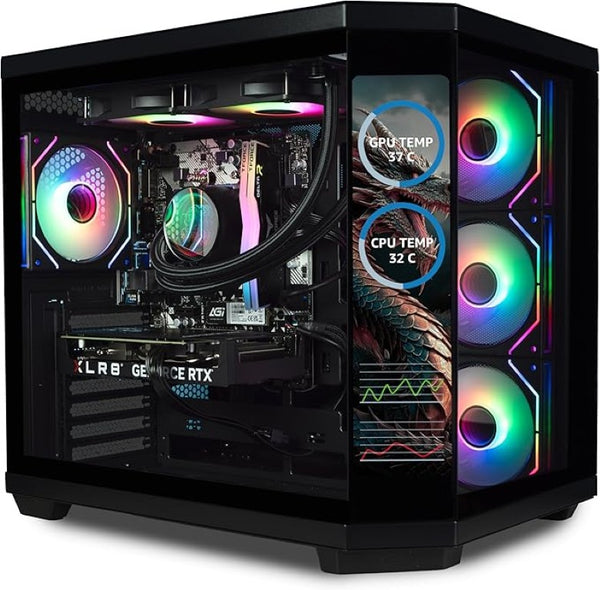 IONZ Gaming PC - Desktop Computer, Ryzen 7 5700X, Radeon RX 9060 XT OC, 16GB RAM, 1TB NVMe SSD, 240mm AIO, LCD display, Windows 11, 650W 80+ PSU, USB WiFi, Apex Vision, Black