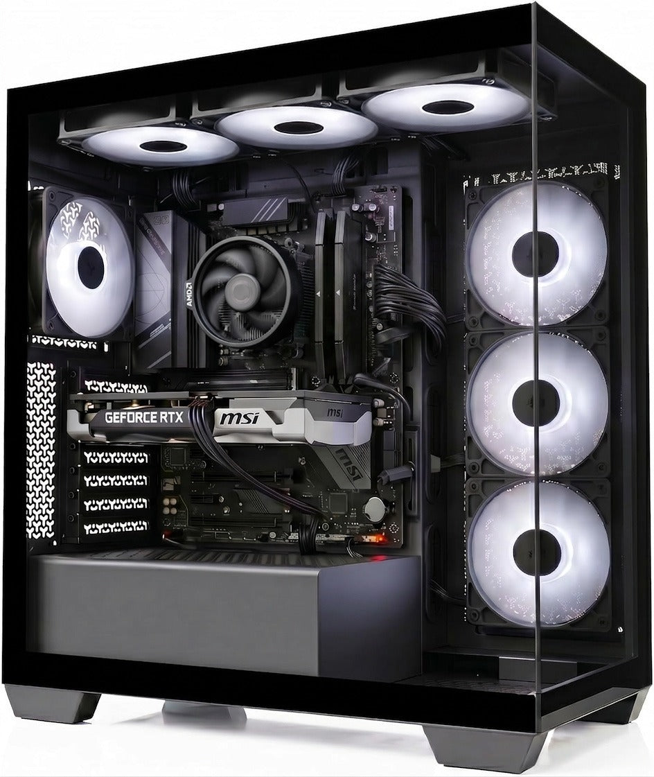 A black desktop PC tower case with a transparent side panel, showing a fully assembled high-performance interior. The setup includes three illuminated white front fans, a dual CPU cooler, a MSI GeForce RTX graphics card, and additional cooling fans inside the case.