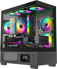 IONZ KZ-V Mini Aether mATX PC Gaming case, Tempered Glass, LED Temperature Display, includes 6 ARGB Fans, Black