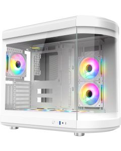 iONZ KZ-T22 Full ATX PC Gaming Case with Curved Panoramic Tempered Glass Dual Chamber, Front I/O USB Type-C | includes 6 ARGB PWM Fans | White