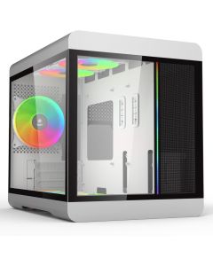 iONZ KZ-36T Arc PC Gaming, Office M-ATX Case, Tempered Glass - Front I/O USB Type-C with Anodised Aluminium | Dual Chamber with 3 ARGB PWM Fans - Silver