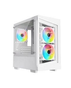 iONZ PC Gaming Case Micro ATX Mini Tower - Compact Glass Series | White Tempered Glass (G1 Edition with 3 ARGB PWM Fans)